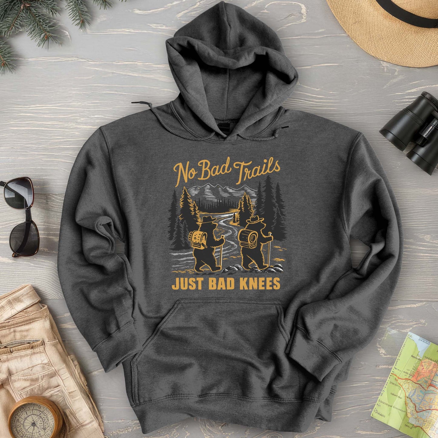 No Bad Trails Just Bad Knees Funny Hiking Hoodie