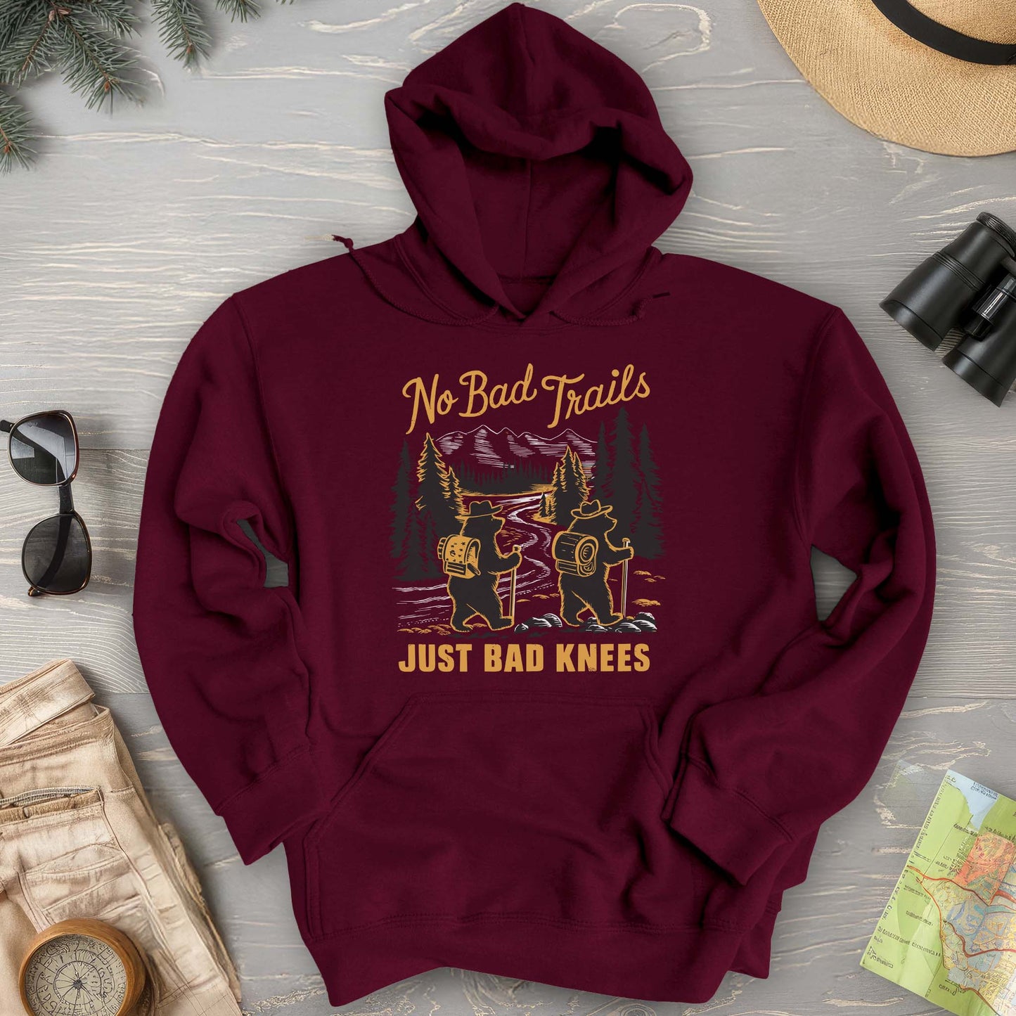 No Bad Trails Just Bad Knees Funny Hiking Hoodie