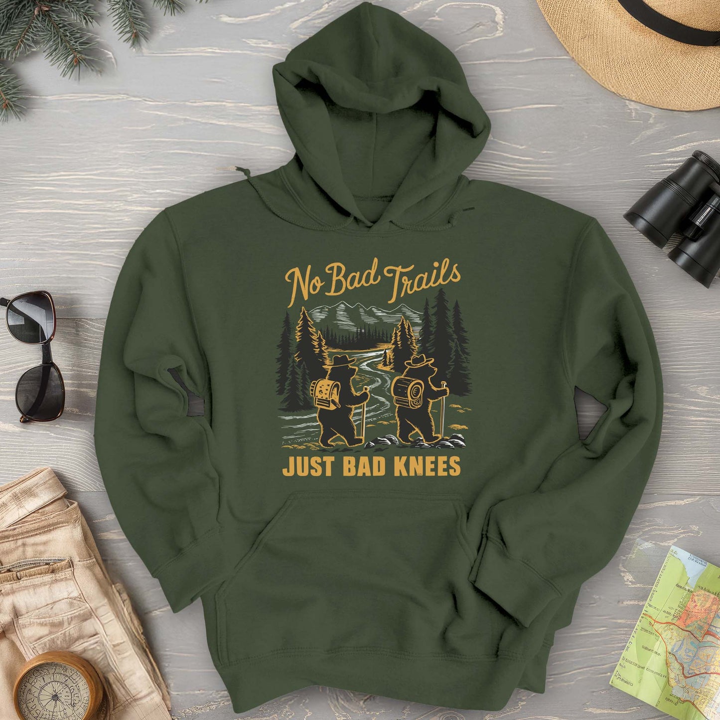 No Bad Trails Just Bad Knees Funny Hiking Hoodie