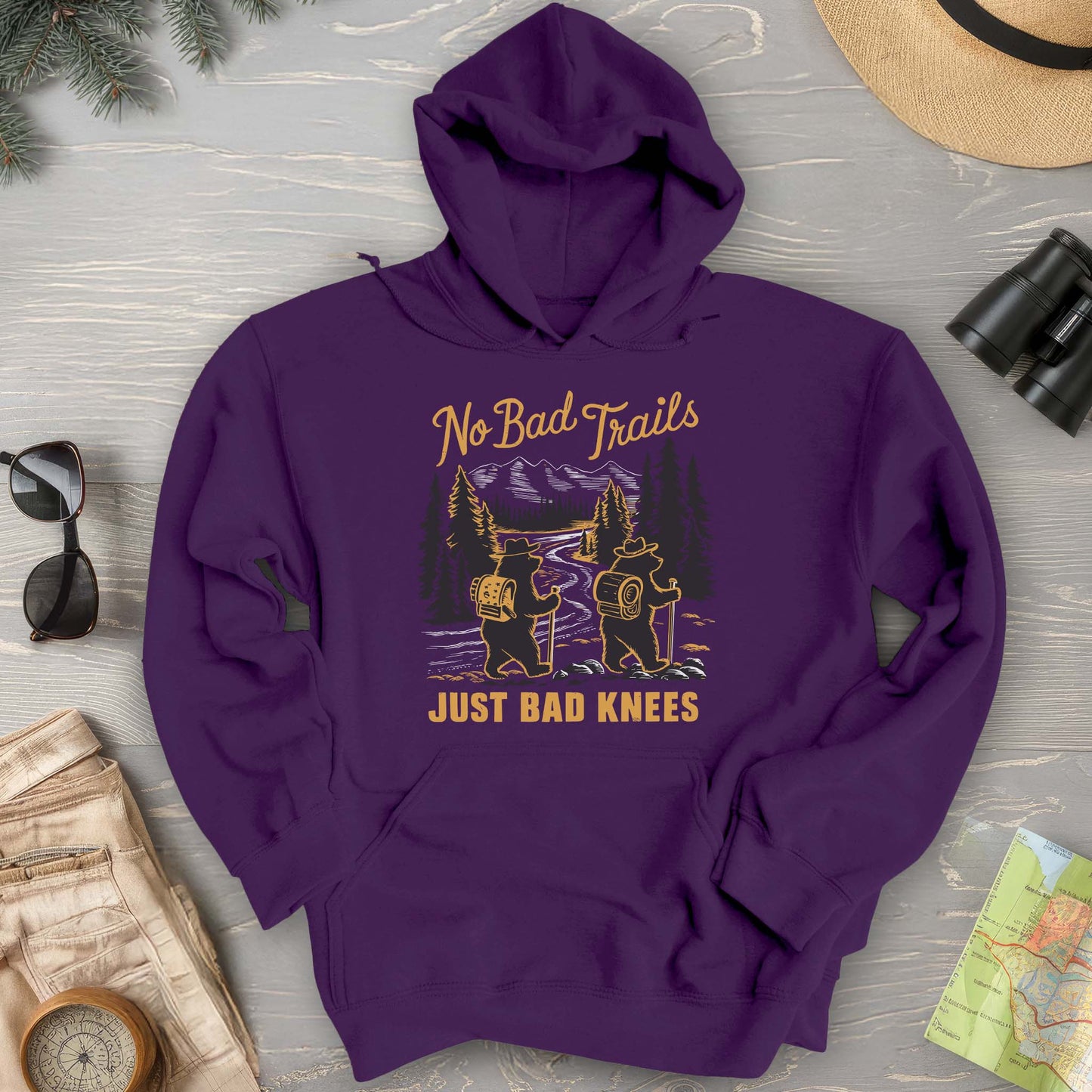 No Bad Trails Just Bad Knees Funny Hiking Hoodie