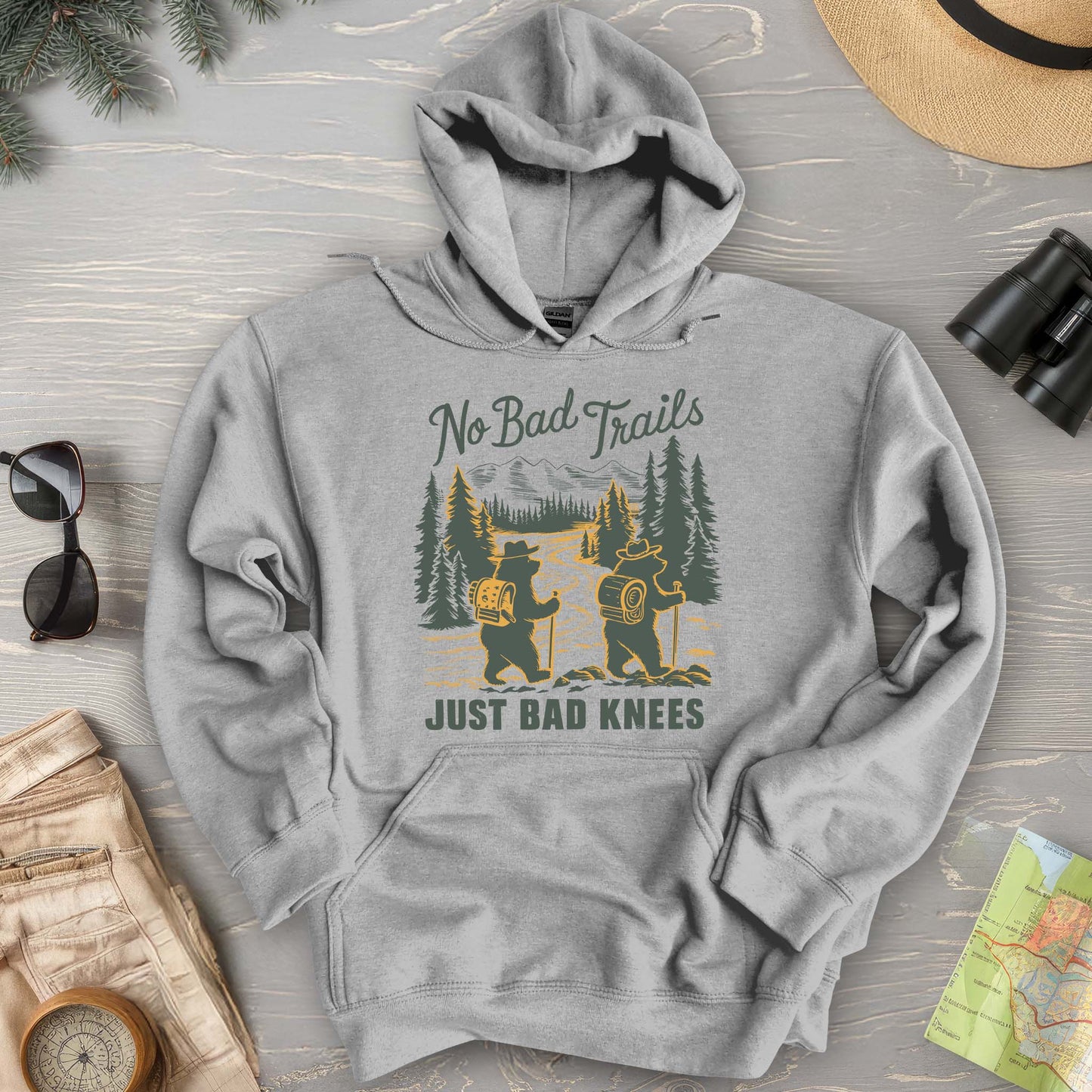 No Bad Trails Just Bad Knees Funny Hiking Hoodie