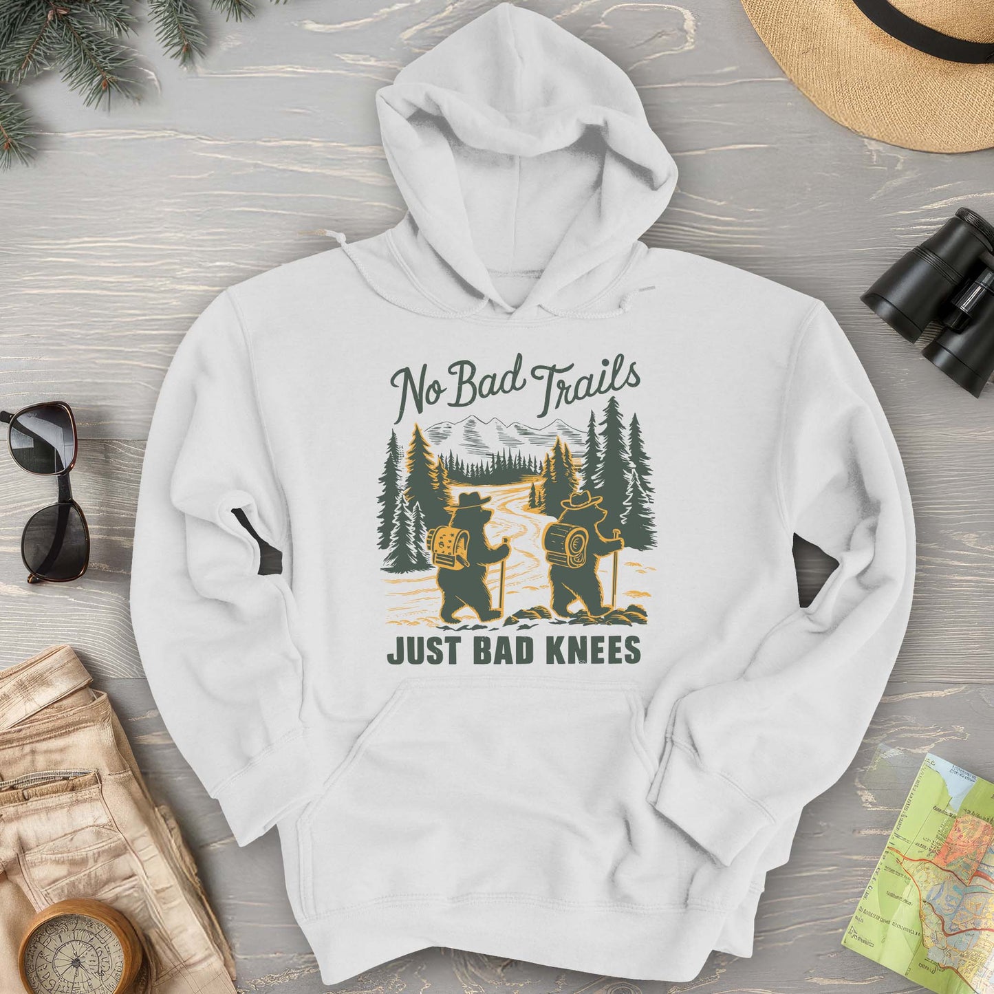 No Bad Trails Just Bad Knees Funny Hiking Hoodie