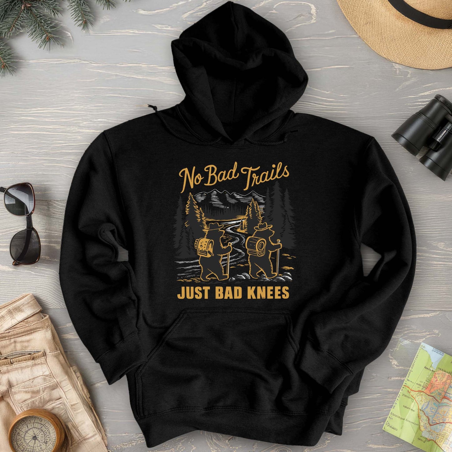 No Bad Trails Just Bad Knees Funny Hiking Hoodie