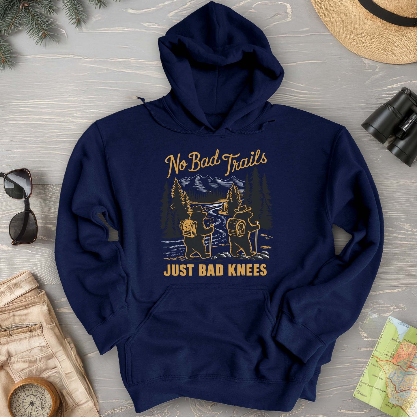 No Bad Trails Just Bad Knees Funny Hiking Hoodie
